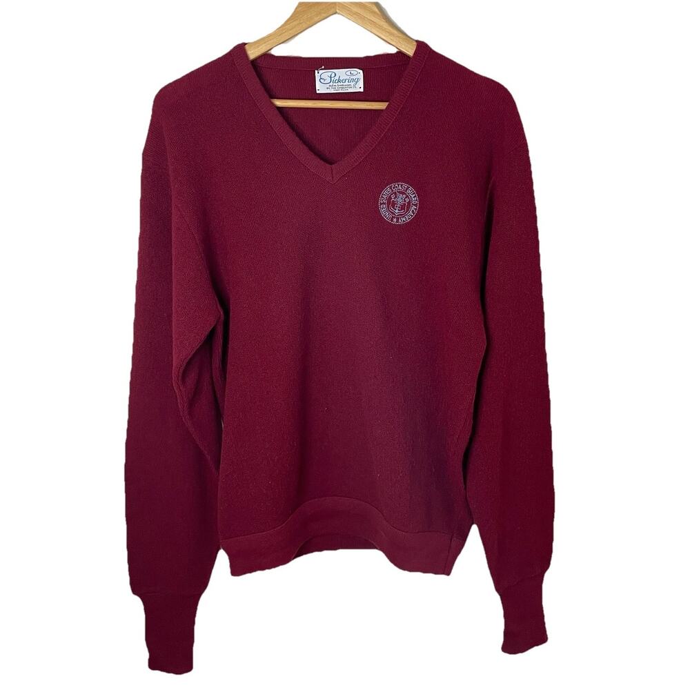 VTG 70s Pickering United States Coast Academy USCGA V-Neck Maroon Sweater Men L